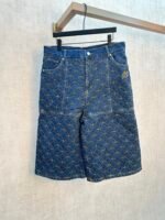 Louis Vuitton Women Denim Wide Leg Bermuda Shorts Full Golden Circle Stitch Embroidery Floral Decor