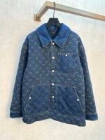 Louis Vuitton Quilted Denim Jacket All Over Golden Interlocking Circle Stitch Collared Cotton Lined Overshirt Coat