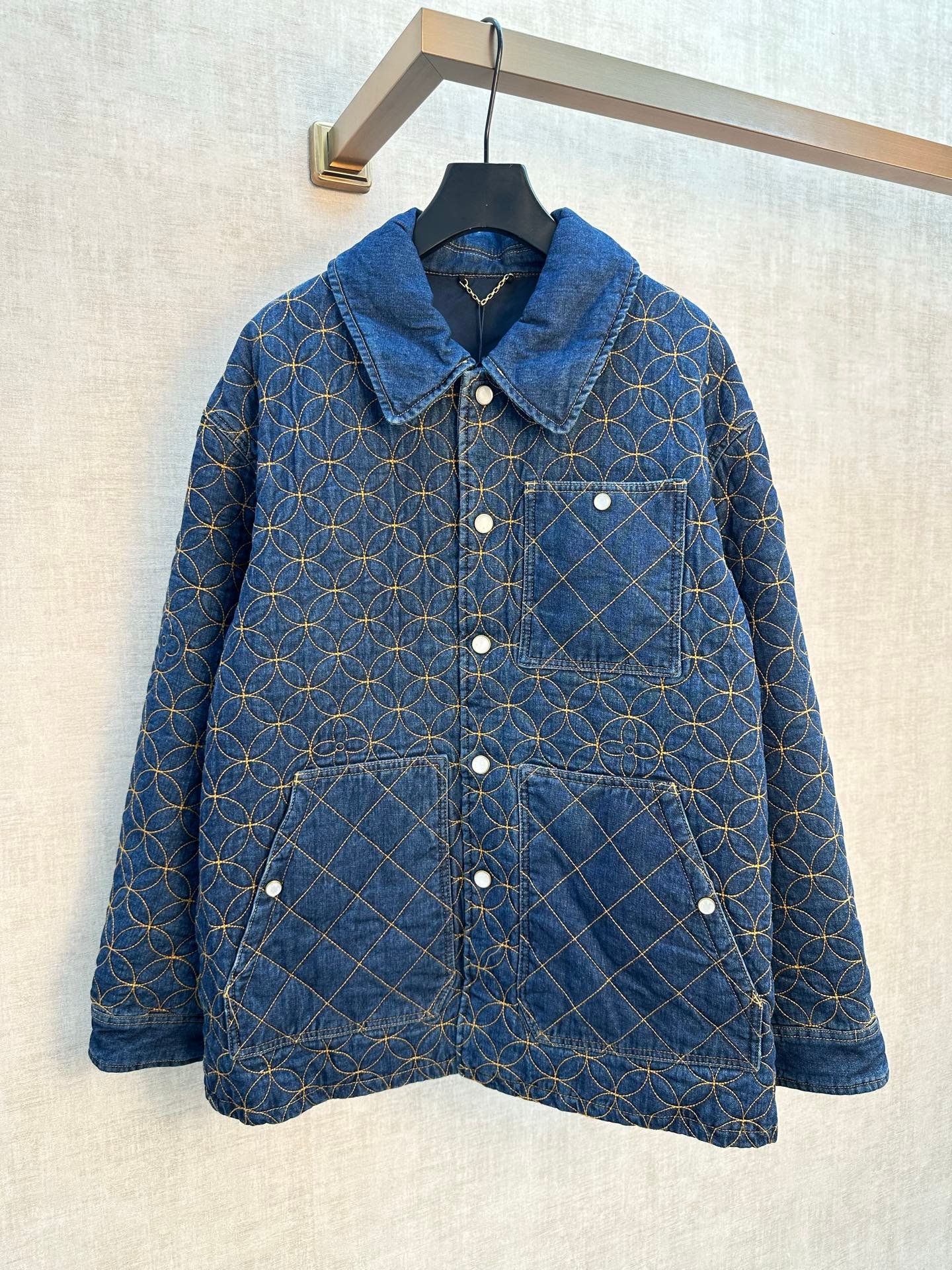 26070804-LV-Jacket-01 Louis Vuitton Quilted Denim Jacket All Over Golden Interlocking Circle Stitch Collared Cotton Lined Overshirt Coat - Image 1