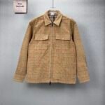 Burberry Khaki Plaid Corduroy Zip Up Shirt Jacket Double Chest Pockets Lined Overcoat