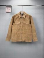 Burberry Khaki Plaid Corduroy Zip Up Shirt Jacket Double Chest Pockets Lined Overcoat