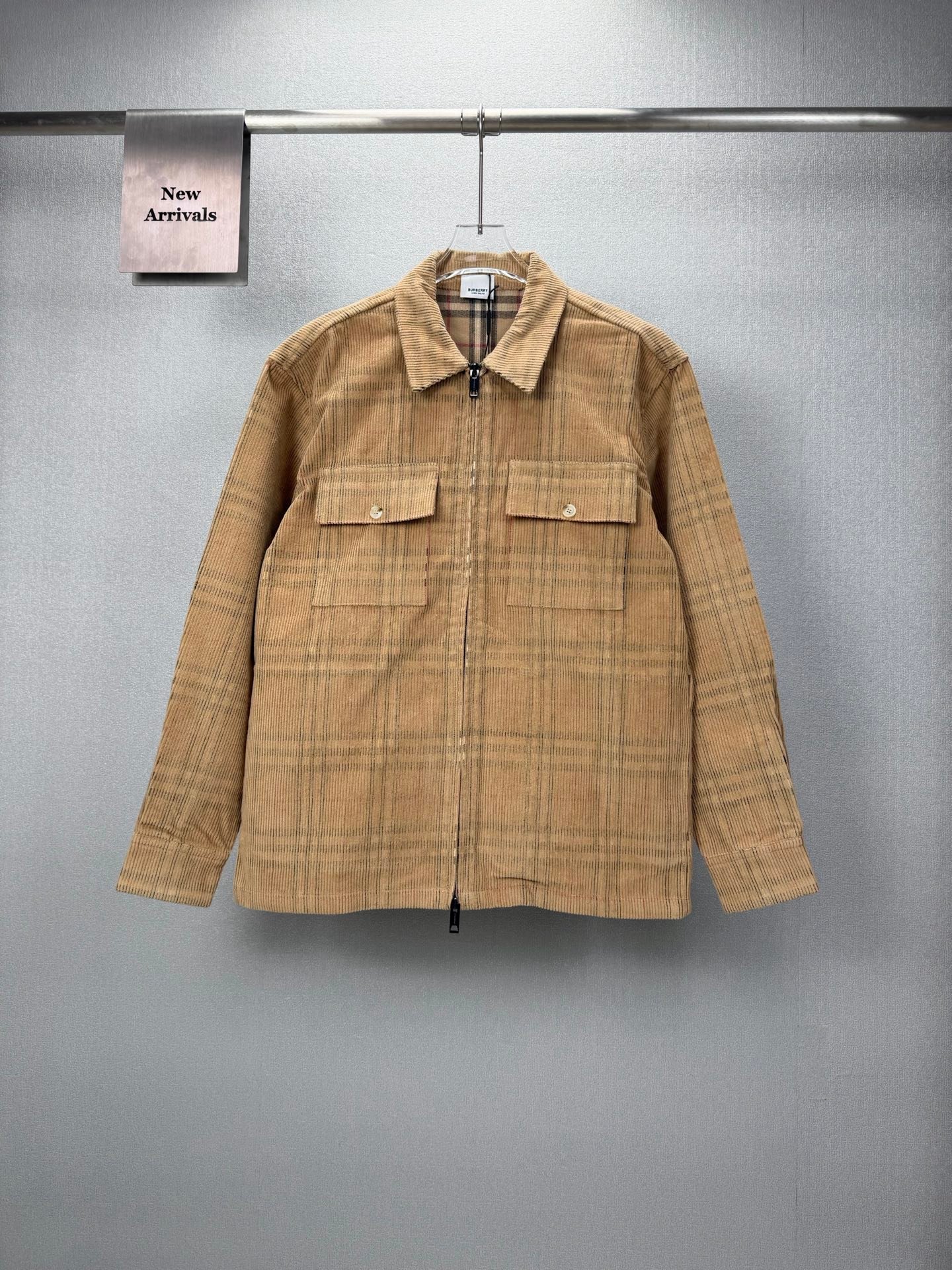 2607081-Burberry-Jacket-01 Burberry Khaki Plaid Corduroy Zip Up Shirt Jacket Double Chest Pockets Lined Overcoat - Image 1