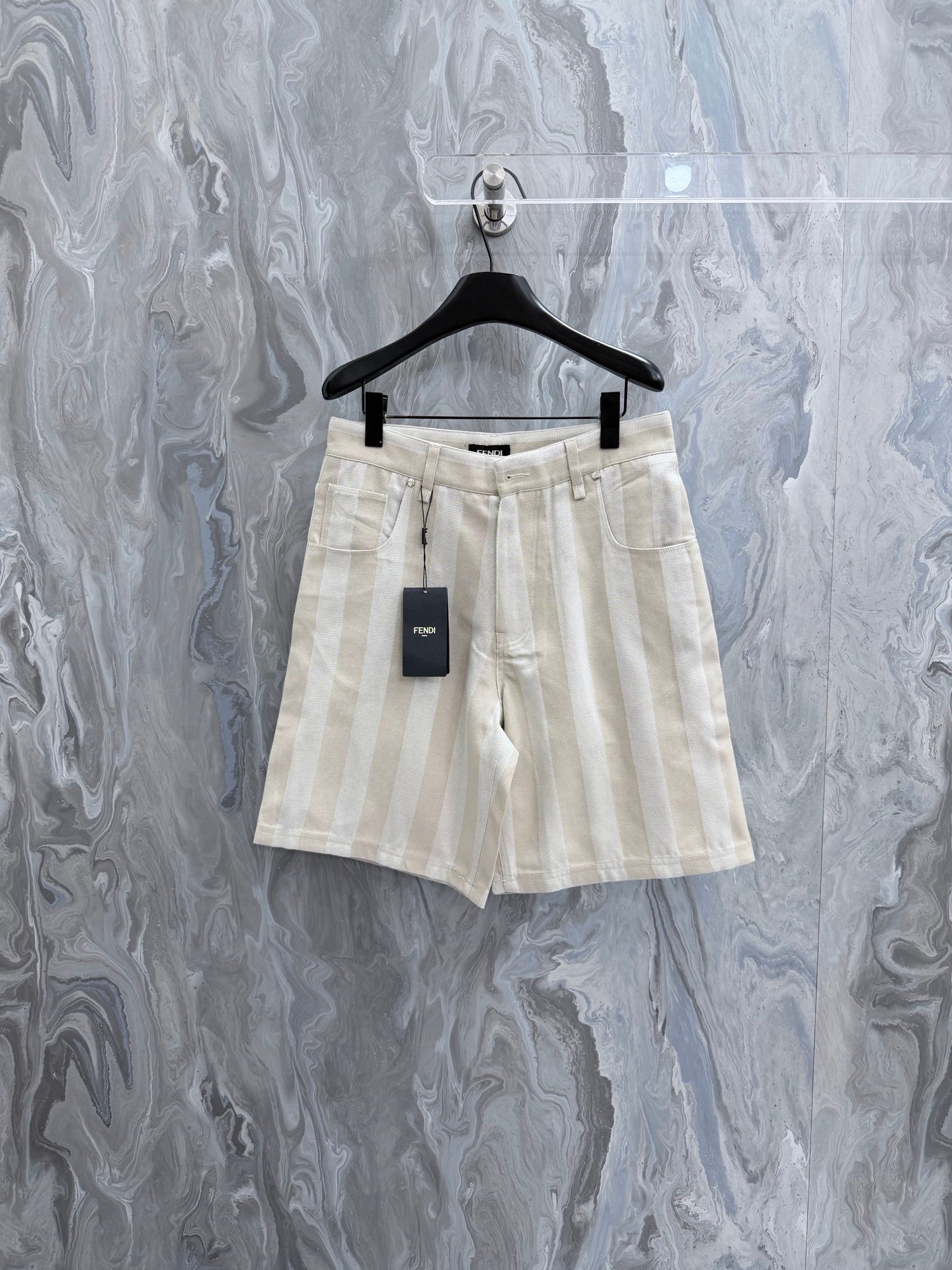 26070812-Fendi-Pants-01 Fendi Wide Vertical Stripe Five-Pocket Denim Style Casual Shorts - Image 1