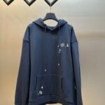 Louis Vuitton Navy Blue Pullover Hoodie Sailboat Embroidery And Handwritten Letter Graphic Sweatshirt