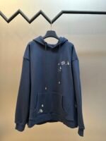 Louis Vuitton Navy Blue Pullover Hoodie Sailboat Embroidery And Handwritten Letter Graphic Sweatshirt