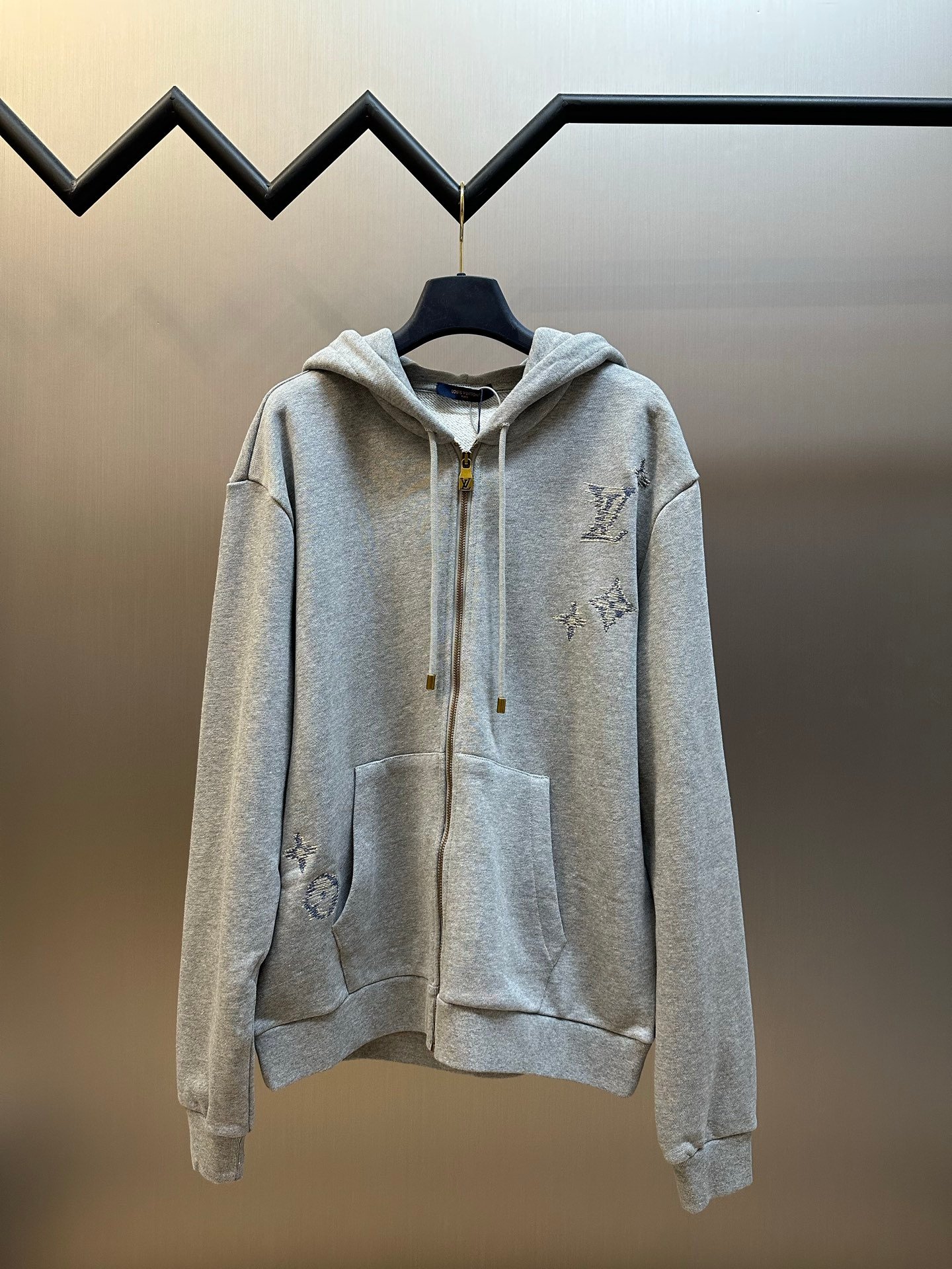 26070907-LV-Hoodie-Gray-01 Louis Vuitton Grey Zip‑Up Hoodie Distressed Stitch Star Symbol Embroidery Jacket - Image 1