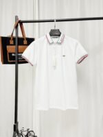 Lacoste White Short‑Sleeve Polo Shirt Striped Collar And Cuff Small Embroidery Logo Business Casual Tee