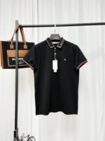Lacoste Black Short‑Sleeve Polo Shirt Striped Collar And Cuff Small Embroidery Logo Business Casual Tee