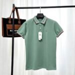 Lacoste Sage Green Short‑Sleeve Polo Shirt Striped Collar And Cuff Small Embroidery Logo Business Casual Tee