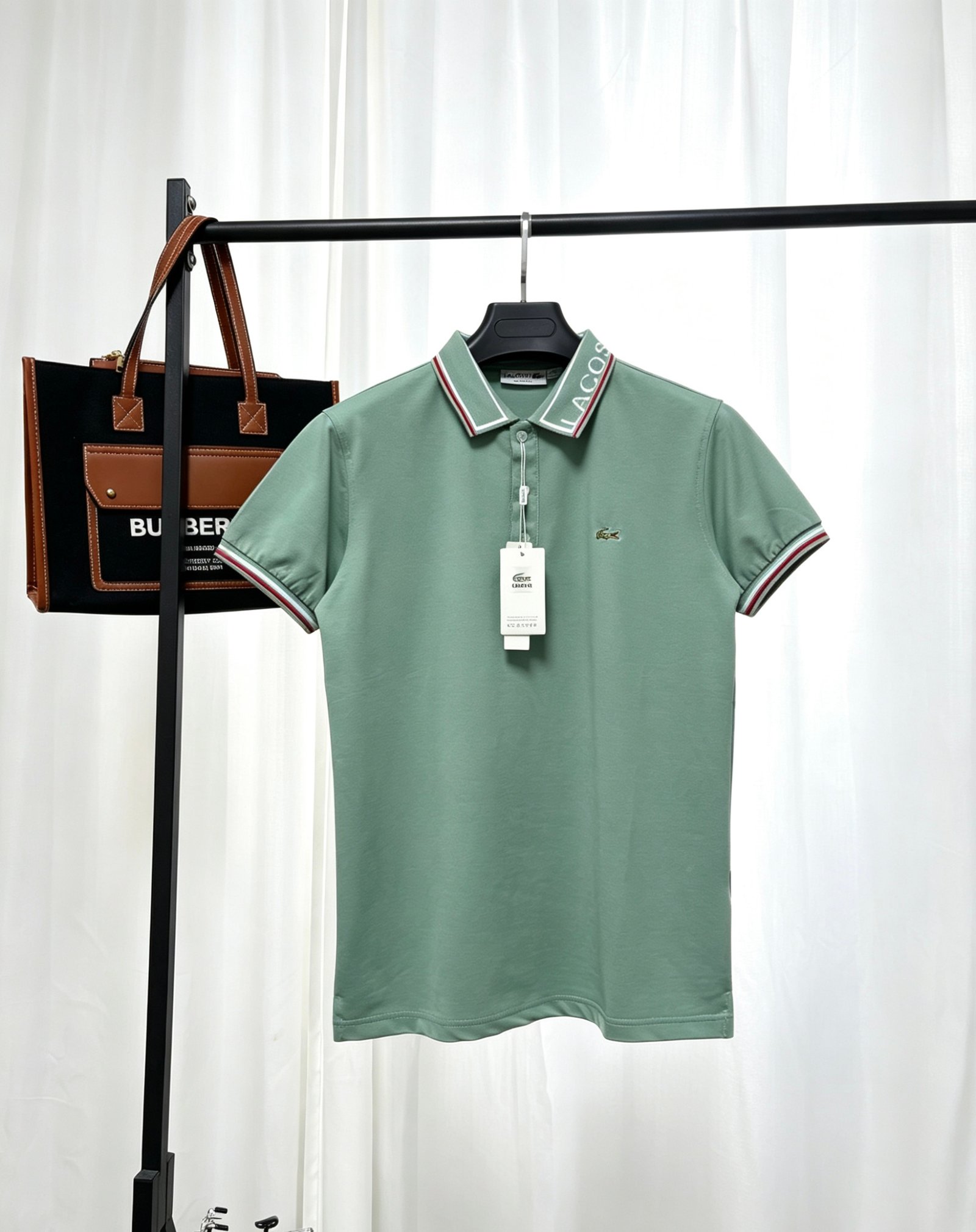 26071303-Lacoste-Polo-Sage-1 Lacoste Sage Green Short‑Sleeve Polo Shirt Striped Collar And Cuff Small Embroidery Logo Business Casual Tee - Image 1