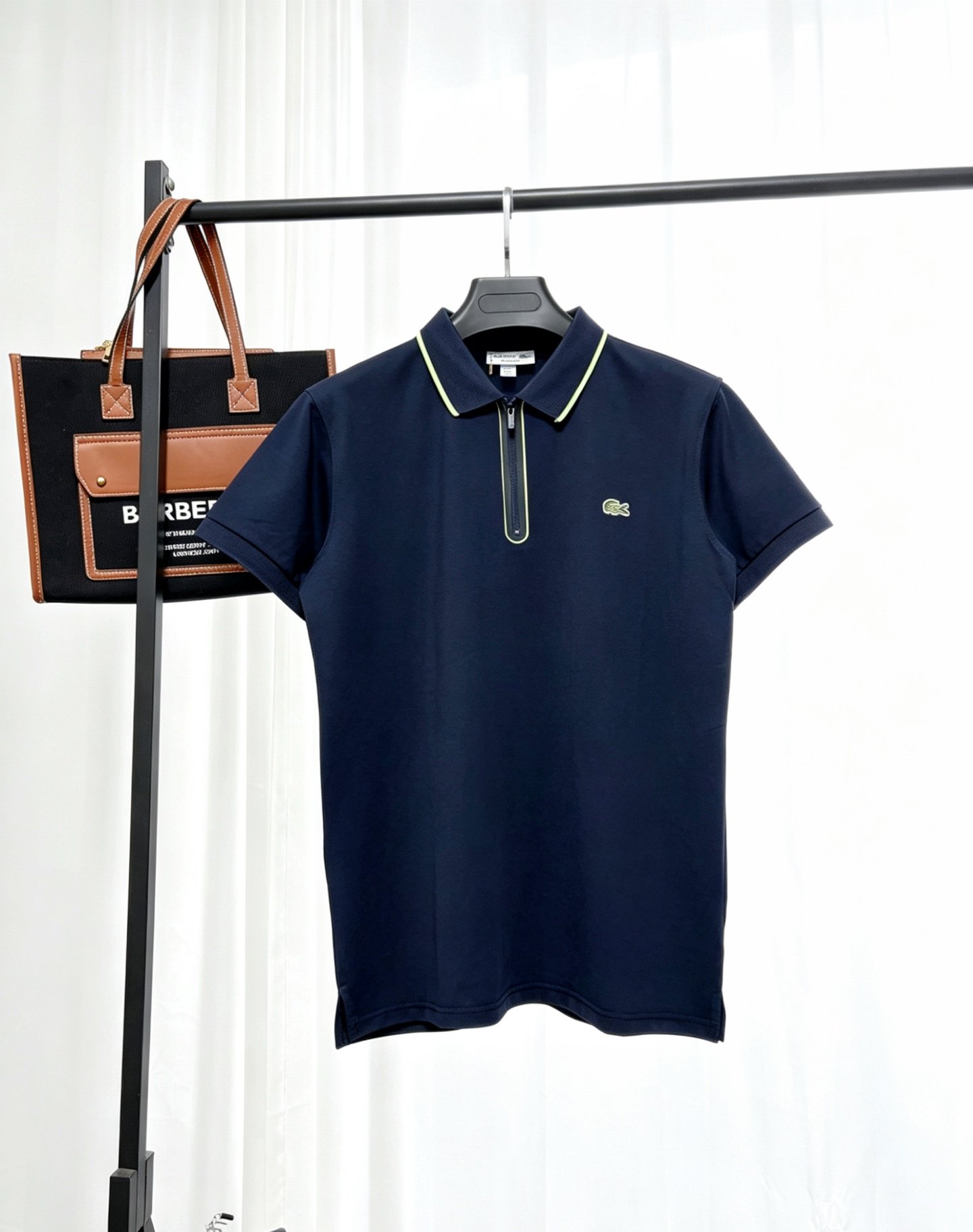 26071305-Lacoste-Polo-Navy-1 Lacoste Navy‑Blue Half‑Zip Short‑Sleeve Polo Shirt Contrast‑Color Trim Small Embroidered Logo Business Casual Top - Image 1