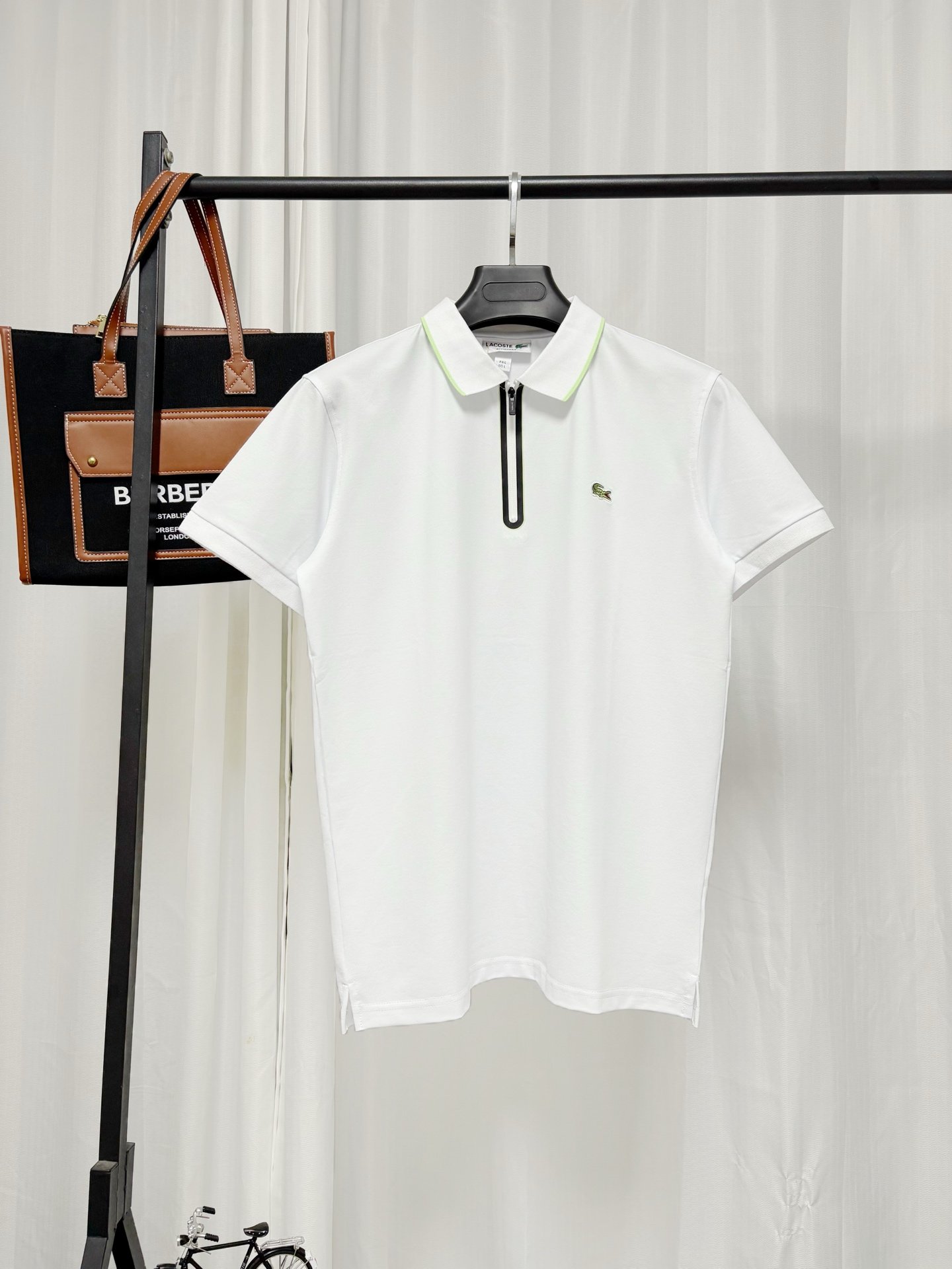 26071309-Lacoste-Polo-White-1 Lacoste White Half‑Zip Short‑Sleeve Polo Shirt Contrast‑Color Trim Small Embroidered Logo Business Casual Top - Image 1