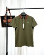 Lacoste Army Green Short‑Sleeve Polo Shirt Green Contrast‑Trim Chest Pocket Small Embroidered Logo Top