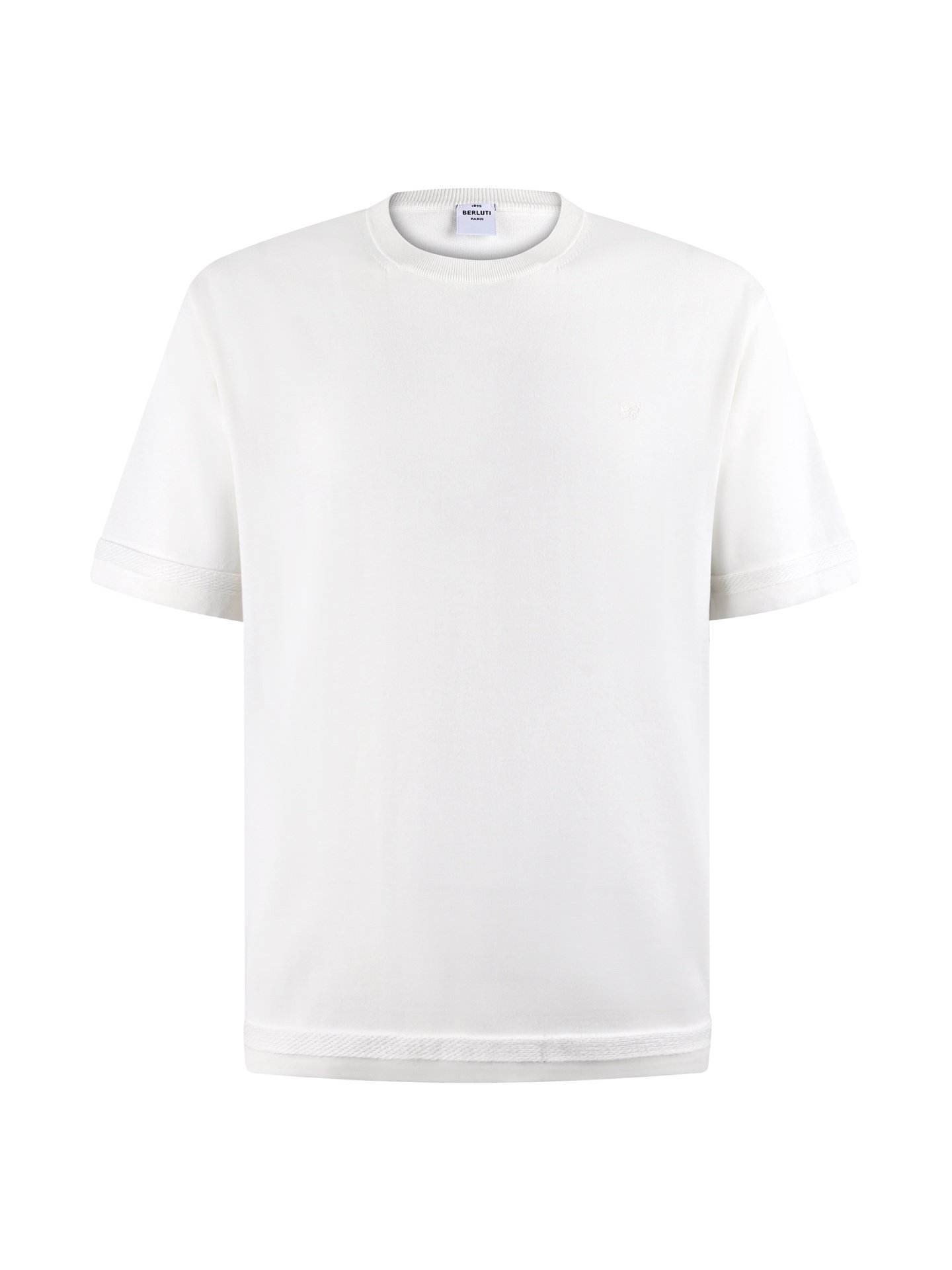 26071401-Berluti-Tee-White-01 Berluti White Crew‑Neck T‑Shirt Tone‑On‑Tone Embroidery Logo Textured Trim Cuff And Hem Tee - Image 1