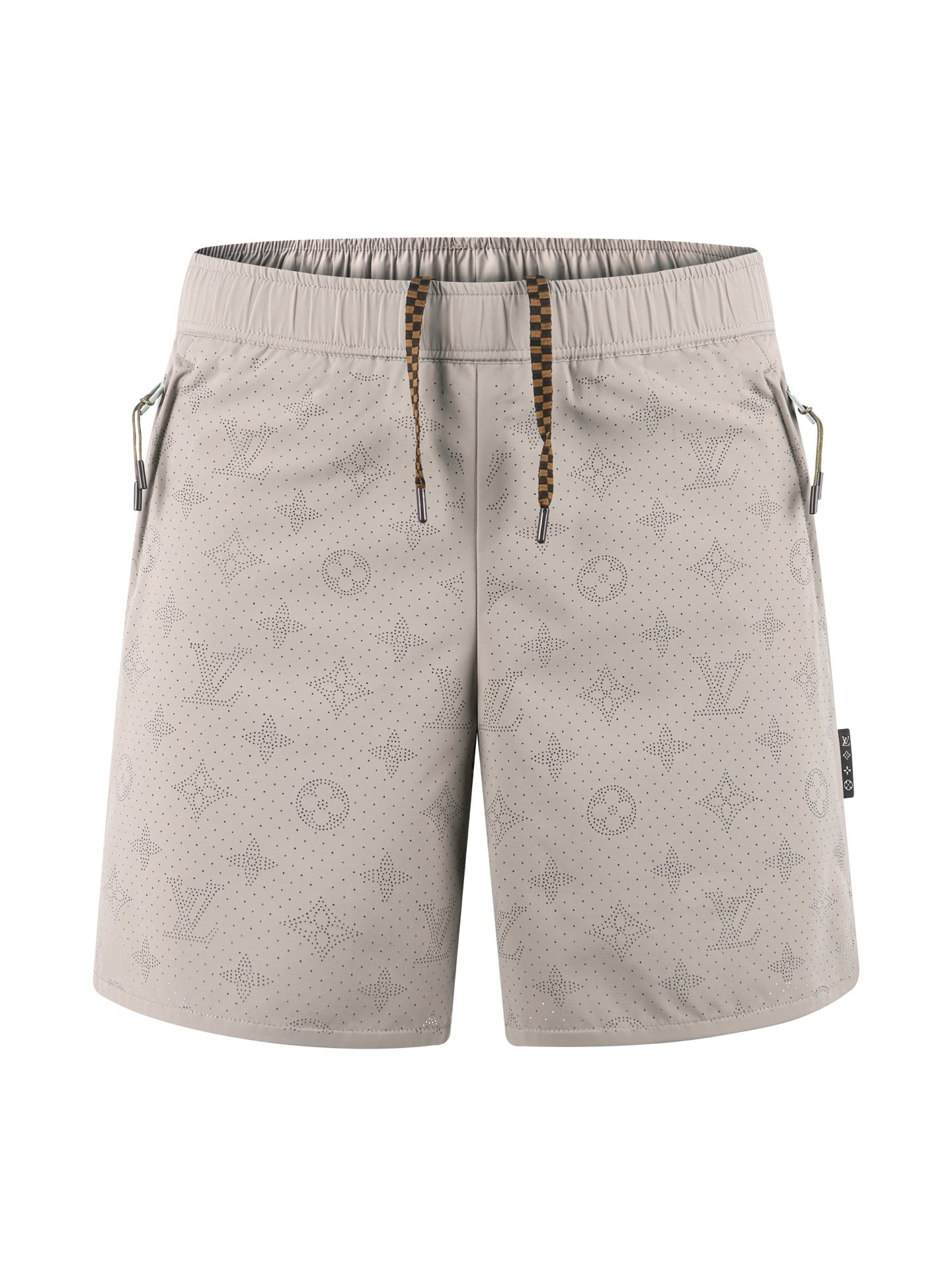 26071402-LV-Short-Khaki-01 Louis Vuitton Light Taupe Perforated Monogram‑Pattern Shorts Checkerboard Drawstring Casual Beach Short Pants - Image 1