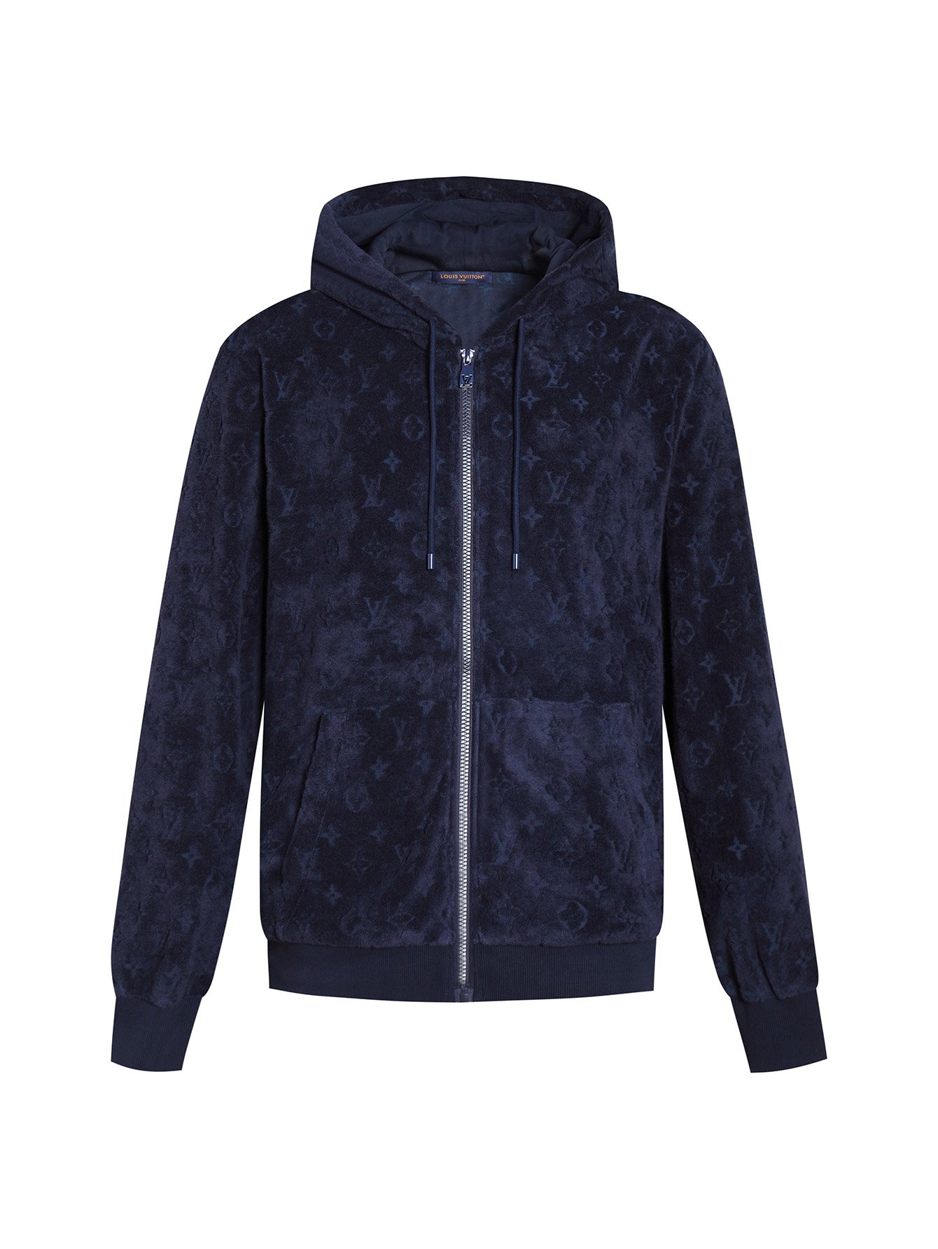 26071403-LV-Hoodie-Navy-01 Louis Vuitton Navy‑Blue Velour Full‑Zip Hoodie All‑Over Tone‑On‑Tone Monogram Pattern Jacket - Image 1