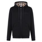 Burberry Solid‑Black Full‑Zip Hoodie Vintage Plaid‑Lined Hood Tone‑On‑Tone Letter Embroidery Jacket