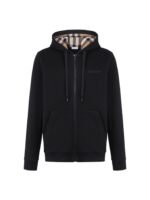 Burberry Solid‑Black Full‑Zip Hoodie Vintage Plaid‑Lined Hood Tone‑On‑Tone Letter Embroidery Jacket
