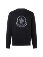 Moncler Black Crew‑Neck Sweatshirt Blurred‑Effect Big Logo Print Small Emblem On Sleeve Pullover