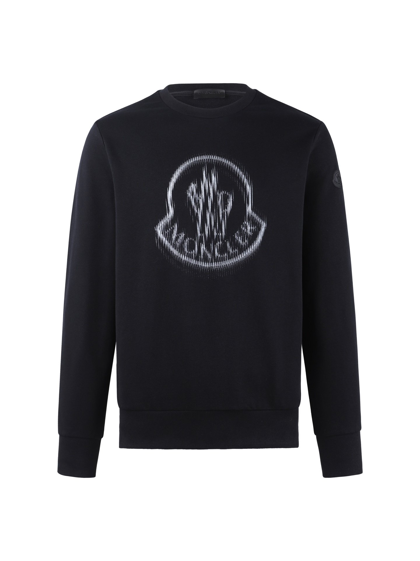 26071406-Moncler-Hood-Black-01 Moncler Black Crew‑Neck Sweatshirt Blurred‑Effect Big Logo Print Small Emblem On Sleeve Pullover - Image 1