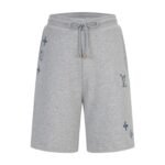 Louis Vuitton Grey Casual Sweat Shorts Distressed‑Stitch Symbol Embroidery Gold‑Tip Drawstring Short Pants