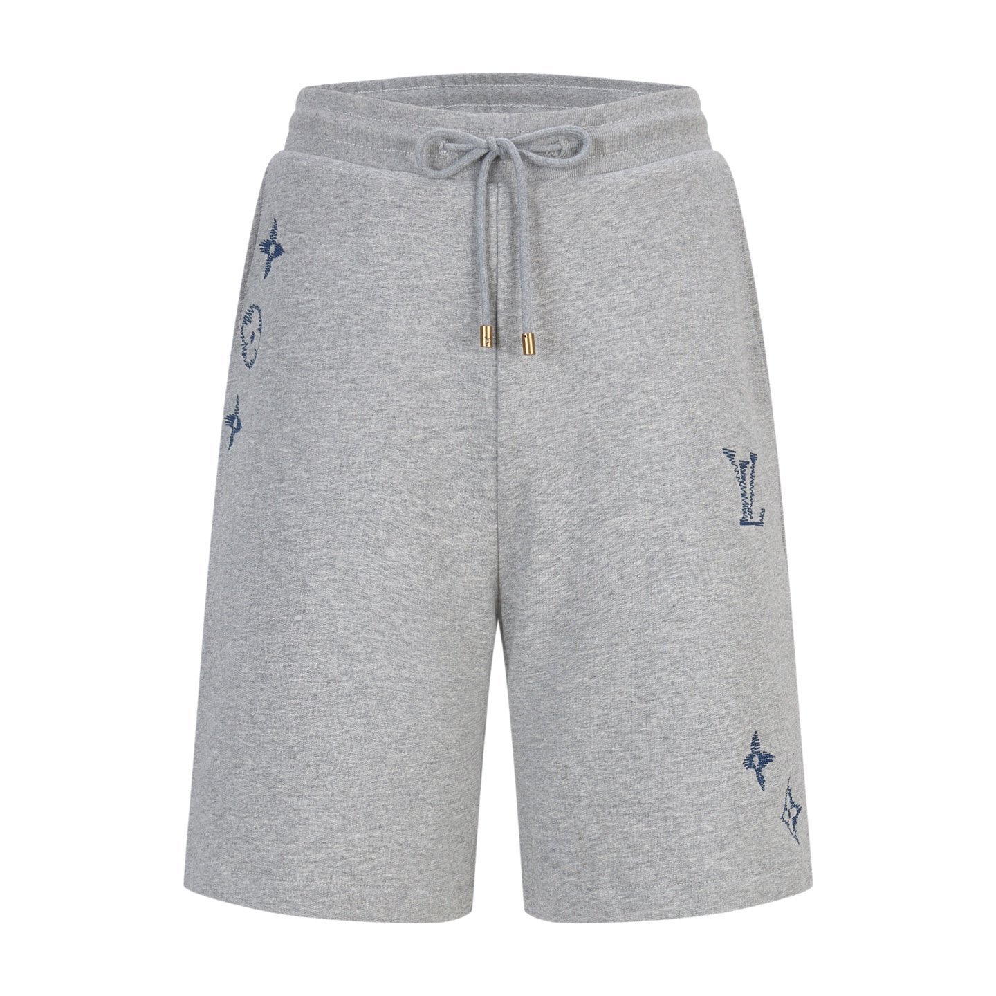 26071407-LV-Short-Gray-01 Louis Vuitton Grey Casual Sweat Shorts Distressed‑Stitch Symbol Embroidery Gold‑Tip Drawstring Short Pants - Image 1