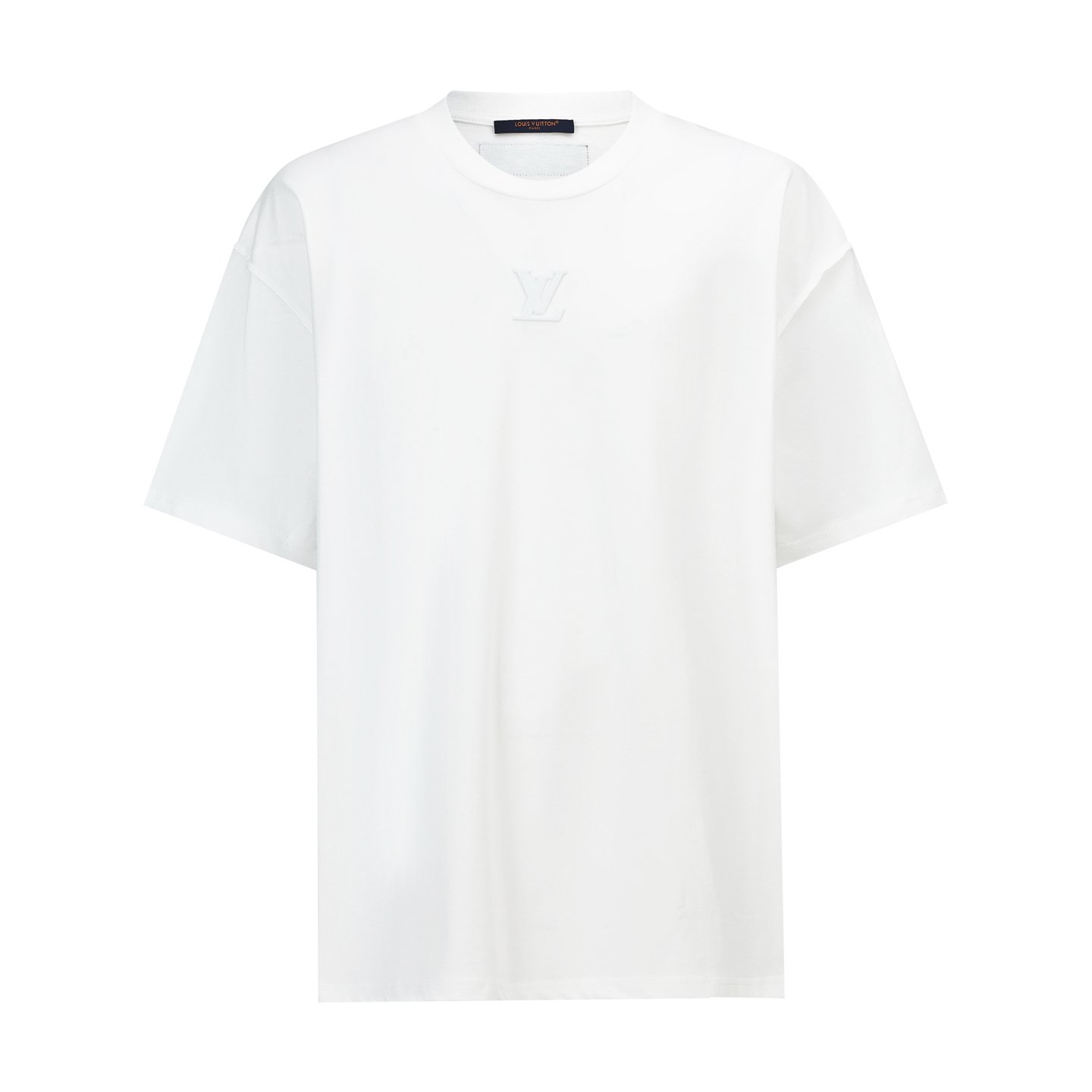 26071410-LV-Tee-White-01 Louis Vuitton White Crew‑Neck T‑Shirt Tone‑On‑Tone Embossed Logo Relaxed Short‑Sleeve Top - Image 1