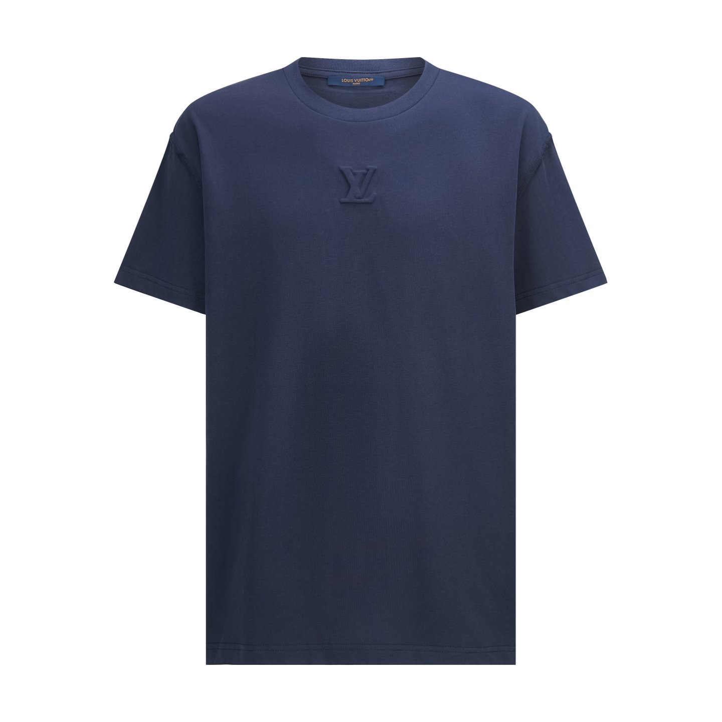 26071414-LV-Tee-Navy-01 Louis Vuitton Navy Crew‑Neck T‑Shirt Tone‑On‑Tone Embossed Logo Relaxed Short‑Sleeve Top - Image 1