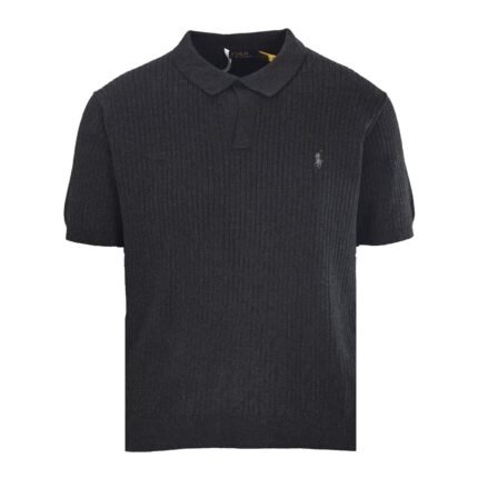 Ralph Lauren Black Vertical‑Rib Knit Short‑Sleeve Polo Shirt Mini Embroidery Logo Casual Knit Top
