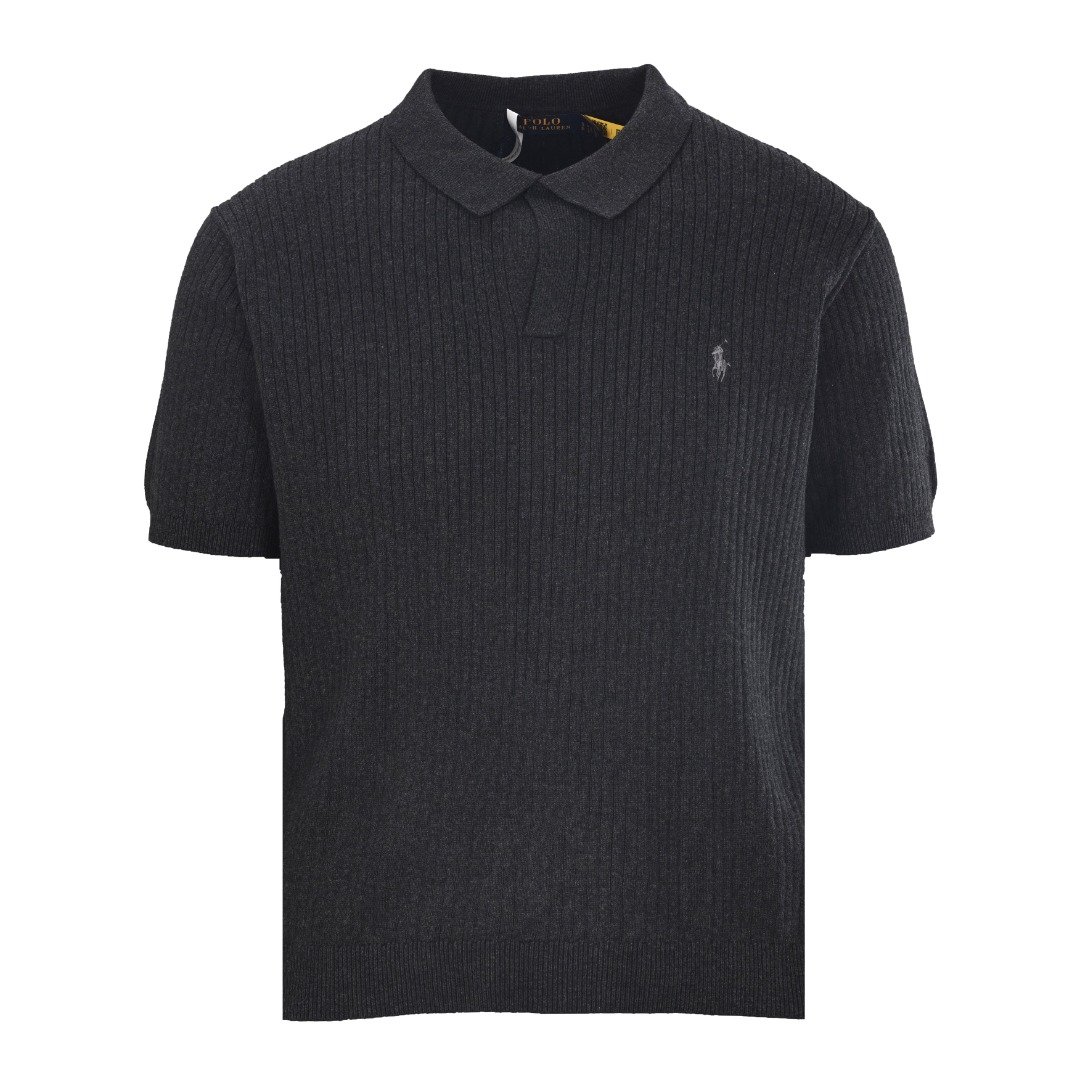 26071416-RL-Sweater-Black-01 Ralph Lauren Black Vertical‑Rib Knit Short‑Sleeve Polo Shirt Mini Embroidery Logo Casual Knit Top - Image 1