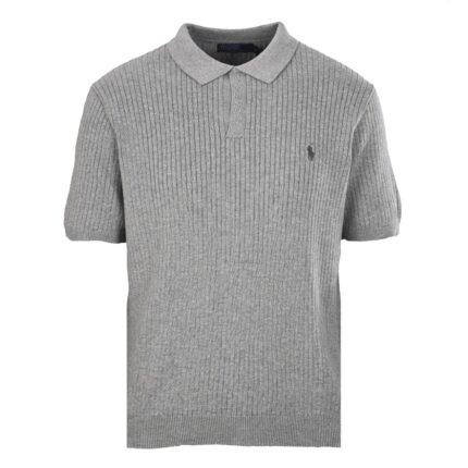 Ralph Lauren Gray Vertical‑Rib Knit Short‑Sleeve Polo Shirt Mini Embroidery Logo Casual Knit Top