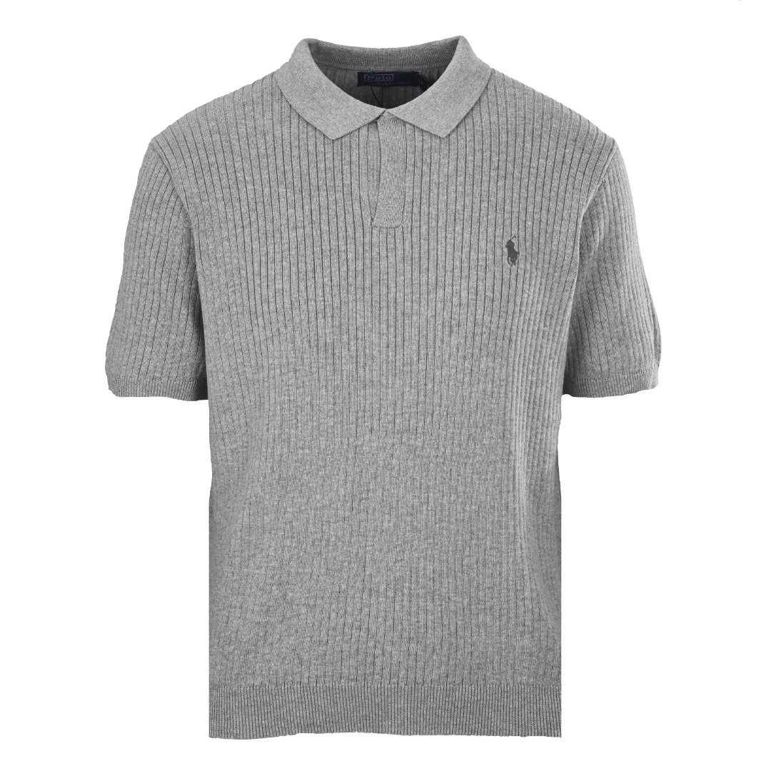 26071417-RL-Sweater-Gray-01 Ralph Lauren Gray Vertical‑Rib Knit Short‑Sleeve Polo Shirt Mini Embroidery Logo Casual Knit Top - Image 1