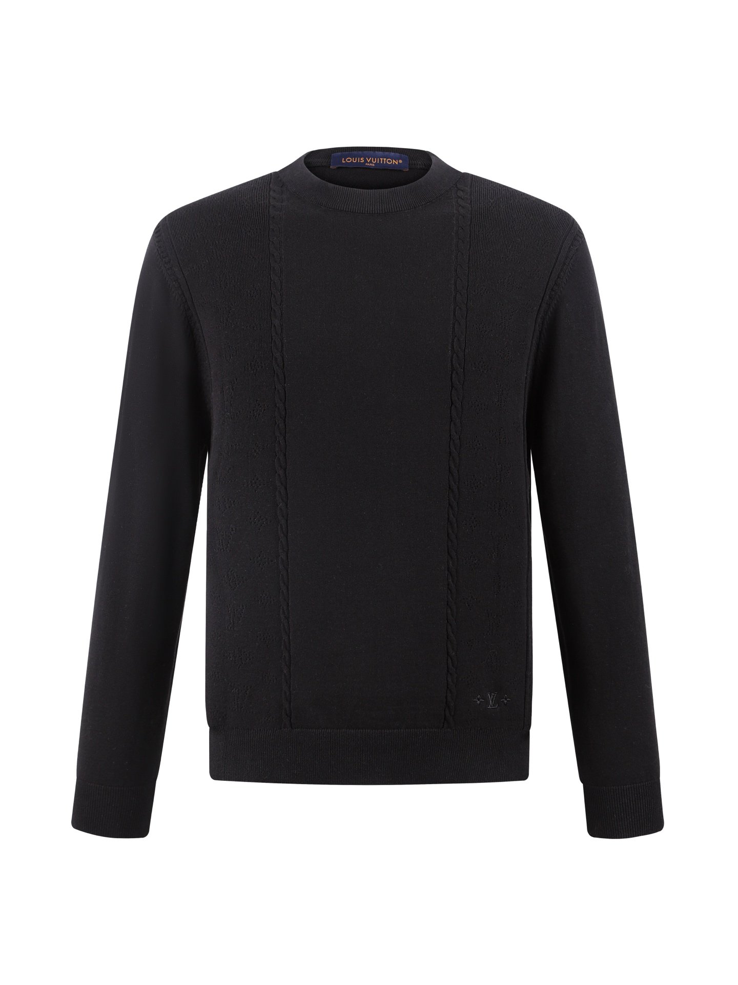26071601-LV-Sweater-Black-01 Louis Vuitton Pointelle Cotton-Silk Long-Sleeved Crewneck Sweater Vertical Cable Knit Panel Tone-On-Tone Embroidery Pullover - Image 1