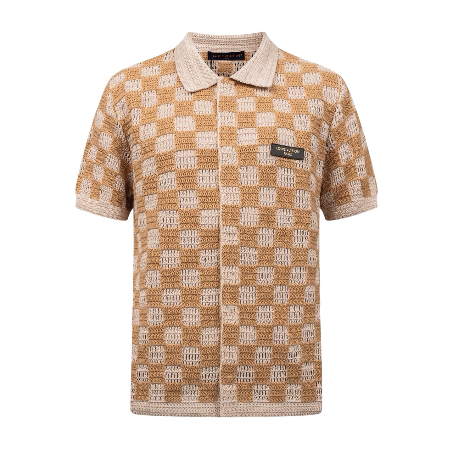 26080501-LV-Short-Sweater-01 Louis Vuitton Checkered Hollow‑Out Crochet Polo Shirt Short‑Sleeve Knitted Lapel Button‑Up Top - Image 1