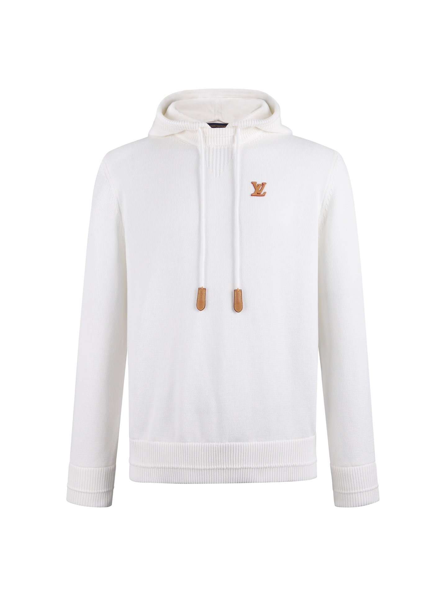 26080508-LV-Hoodie-White-01 Louis Vuitton White Knit Hooded Sweater Leather‑tip Drawstring Small Chest Emblem Pullover - Image 1