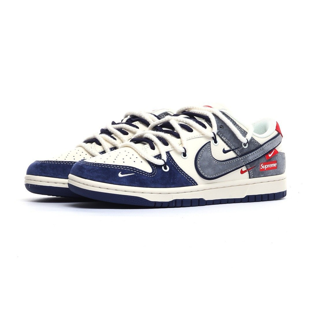 26081001-Nike-SB-Down-Low-26 Nike Dunk Low Supreme Co‑Branded Navy‑Grey Multi‑Material Skate Sneaker - Image 1