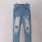 Amiri Men Light‑Blue Washed Ripped Black‑White Stripe Patch Slim Denim Jeans Distressed Street‑Wear Pants