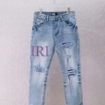 Amiri Men Light‑Blue Washed Purple Letter Applique Ripped Purple‑Stripe Patch Slim Denim Jeans Street‑Wear Pants
