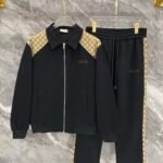 Gucci Black Monogram Spliced Gold‑Embroidered Logo Zip‑Up Jacket & Drawstring Sweatpants Tracksuit Set