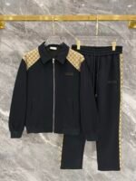 Gucci Black Monogram Spliced Gold‑Embroidered Logo Zip‑Up Jacket & Drawstring Sweatpants Tracksuit Set