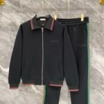 Gucci Black Web‑Striped Trim Green Embroidered Logo Zip‑Up Jacket & Drawstring Sweatpants Tracksuit Set