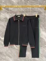 Gucci Black Web‑Striped Trim Green Embroidered Logo Zip‑Up Jacket & Drawstring Sweatpants Tracksuit Set