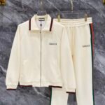Gucci Beige Web‑Striped Trim Green Embroidered Logo Zip‑Up Jacket & Drawstring Sweatpants Tracksuit Set