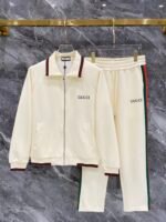 Gucci Beige Web‑Striped Trim Green Embroidered Logo Zip‑Up Jacket & Drawstring Sweatpants Tracksuit Set