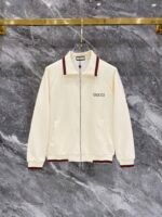 Gucci Beige Web‑Striped Trim Green Embroidered Logo Zip‑Up Jacket & Drawstring Sweatpants Tracksuit Set - Image 2