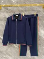 Gucci Navy Web‑Striped Trim Green Embroidered Logo Zip‑Up Jacket & Drawstring Sweatpants Tracksuit Set