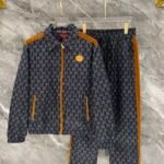 Gucci Men All‑Over Monogram Print Tan Spliced Badge Detail Zip‑Up Jacket & Drawstring Pants Outfit Set