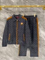 Gucci Men All‑Over Monogram Print Tan Spliced Badge Detail Zip‑Up Jacket & Drawstring Pants Outfit Set