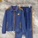 Gucci Men Blue All‑Over Monogram Print Tan Spliced Leather Badge Zip‑Up Jacket & Drawstring Pants Outfit Set