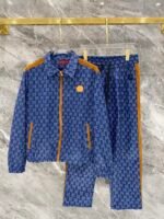 Gucci Men Blue All‑Over Monogram Print Tan Spliced Leather Badge Zip‑Up Jacket & Drawstring Pants Outfit Set